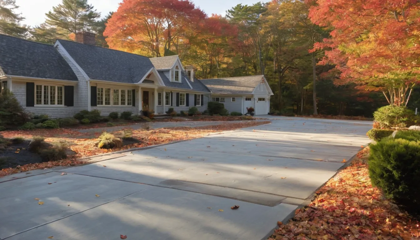A fresh concrete driveway beside a home in the Westhampton Beach area on a clear autumn morning